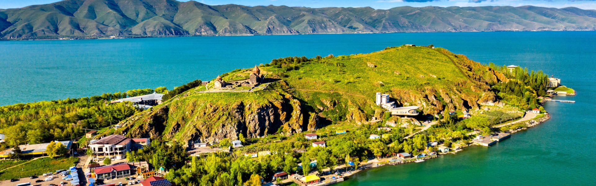 Aerial view of Sevan Peninsula in Lake Sevan in Armenia